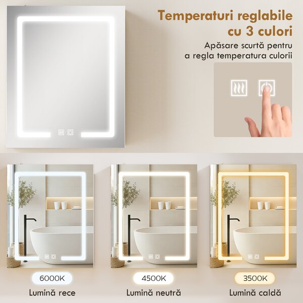 HOMCOM Dulap Baie cu Oglindă și LED, 50x15x60 cm, Anti-Aburire, Rafturi Reglabile, 3 Temperatură de Lumină, Dulap Suspendat din MDF, Alb | Aosom Romania