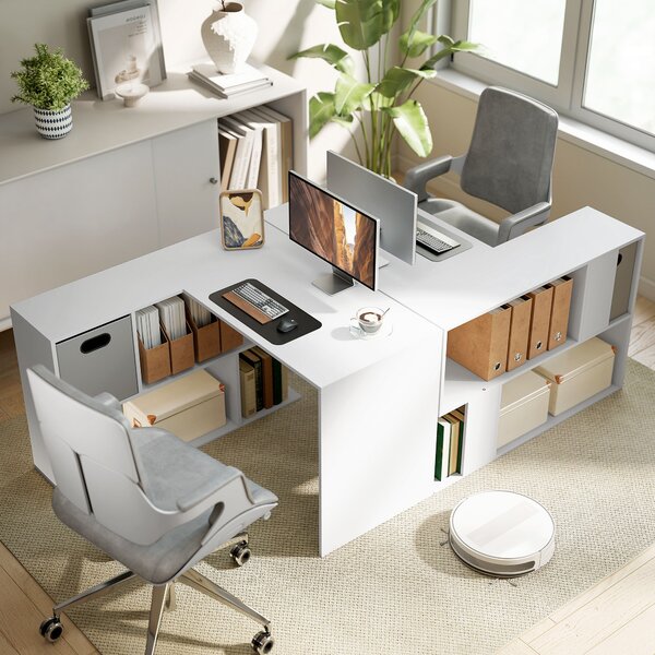 HOMCOM Birou Colțar pentru Computer, 110x100 cm, Birou în Formă de L cu Raft și Sertar din Material Textil, Masă pentru PC pentru Dormitor, Birou și Studio, Alb | Aosom Romania