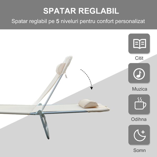 Outsunny Sezlong Pliabil pentru Grădină, Spătar Reclinabil, Confortabil, din Textilena, Crem, 182x56x28cm | Aosom Romania