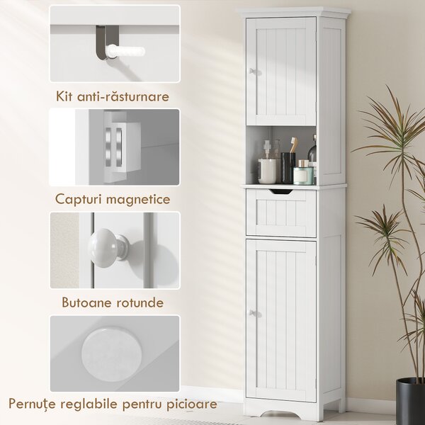 HOMCOM Coloană de Baie cu Iluminare LED, Dulap Îngust de Depozitare, Sertar și 2 Uși, 40x30x170 cm, Alb | Aosom Romania