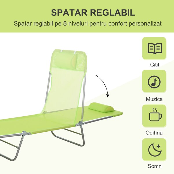 Outsunny Sezlong pentru Gradina Pliabil cu Spatar Reclinabil Verde deschis | Aosom Romania