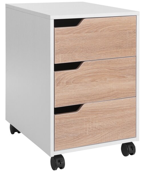 Comoda din MDF cu 3 Sertare si 4 roti cu rotatie de 360 ° (2 cu frane), pentru Birou sau Studio Alba si Lemn 31x37x7.2cm HOMCOM | Aosom Romania