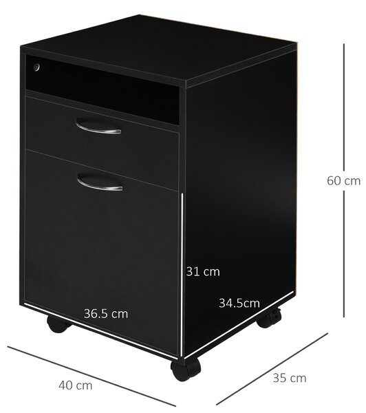 HOMCOM Dulap Mobil cu 4 Roți (2 cu Frână), Raft și 2 Sertare pentru Documente, PAL și Metal, 40x35x60 cm, Negru | Aosom Romania