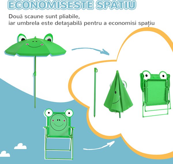Outsunny Set Masa de Gradina cu 2 Scaune Pliabile si Umbrela pentru Copii din Metal si Poliester, Verde | Aosom Romania