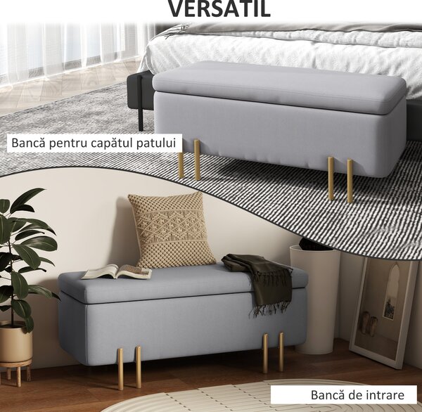 HOMCOM Bancă de Depozitare cu Șezut Tapițat și Picioare Lăcuite Aurii, 100x40x42 cm, Gri | Aosom Romania