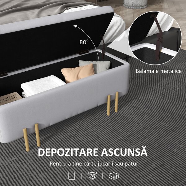 HOMCOM Bancă de Depozitare cu Șezut Tapițat și Picioare Lăcuite Aurii, 100x40x42 cm, Gri | Aosom Romania