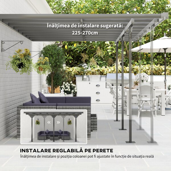 Outsunny Pergola montata pentru gradina 4.35x3.02m, foisor pergola pentru exterior din policarbonat si aluminiu, montare reglabila, gri