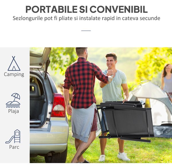 Outsunny Set 2 Sezlonguri de Gradina Pliabile, Spatar Reglabil, Cadru din Aluminiu, Confortabil, Negru, Ideal pentru Relaxare | Aosom Romania