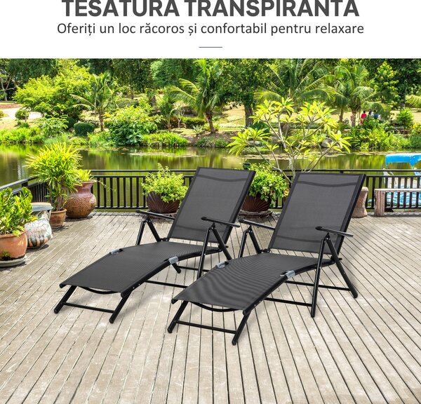 Outsunny Set 2 Sezlonguri de Gradina Pliabile, Spatar Reglabil, Cadru din Aluminiu, Confortabil, Negru, Ideal pentru Relaxare | Aosom Romania