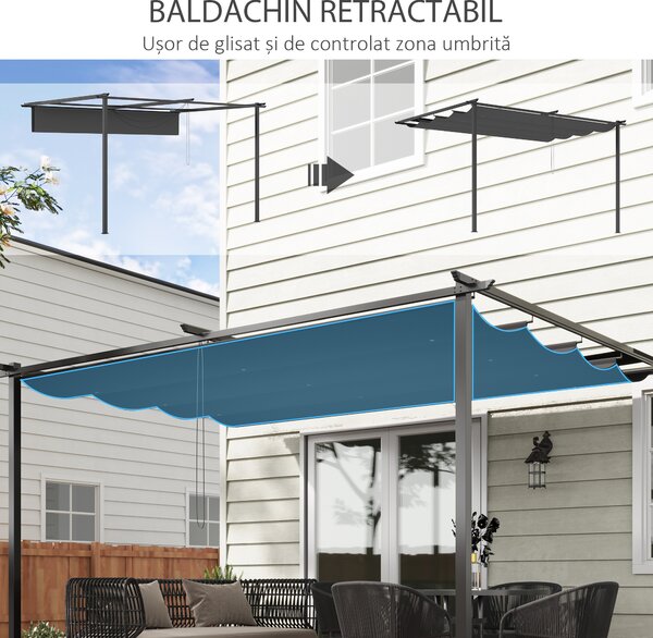 Foisor tip pergola Outsunny cu acoperis culisant, suruburi si carlige incluse, otel si poliester 390x290x220 cm, gri | Aosom Romania