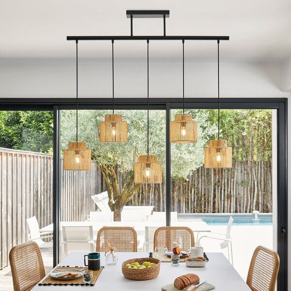 COREP Lampă suspendată Cancun, culoare naturală, lungime 98 cm, hârtie, cu 5 becuri, reglabil, Bej, Camera de zi / sufragerie, Hârtie / Carton