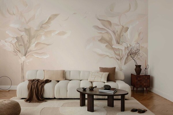 Tapet Plante decorative aerisite în tonuri calde, cremoase, Fototapet Natură, Fototapet Foi de palmier, w05126 : Uwalls.ro
