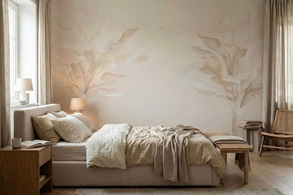Tapet Plante decorative aerisite în tonuri calde, cremoase, Fototapet Natură, Fototapet Foi de palmier, w05126 : Uwalls.ro