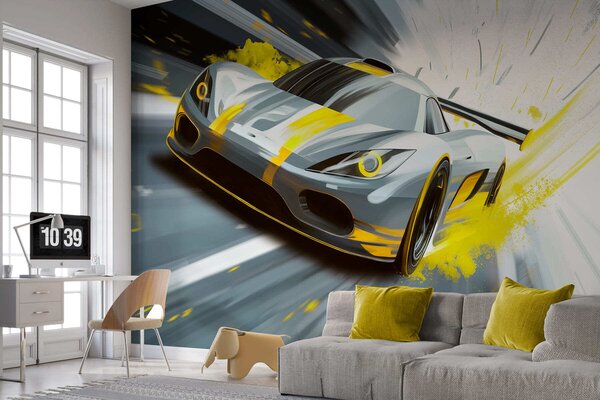Tapet mașină sport dinamică în stil de desen digital cu accente galbene, Imagini de fundal unice, w05069v2 : Uwalls.ro