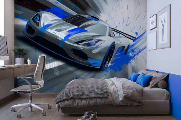 Tapet mașină sport dinamică în stil de desen digital cu accente albastre, Imagini de fundal unice, w05069 : Uwalls.ro