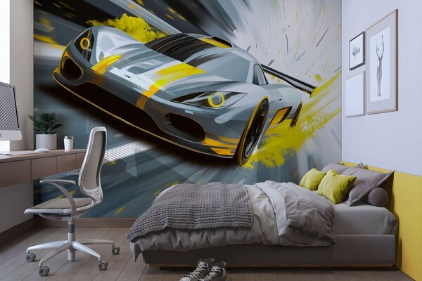 Tapet mașină sport dinamică în stil de desen digital cu accente galbene, Imagini de fundal unice, w05069v2 : Uwalls.ro