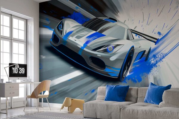 Tapet mașină sport dinamică în stil de desen digital cu accente albastre, Imagini de fundal unice, w05069 : Uwalls.ro
