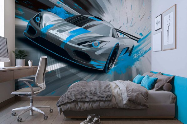 Tapet mașină sport dinamică în stil de desen digital cu accente turcoaz, Imagini de fundal unice, w05069v3 : Uwalls.ro