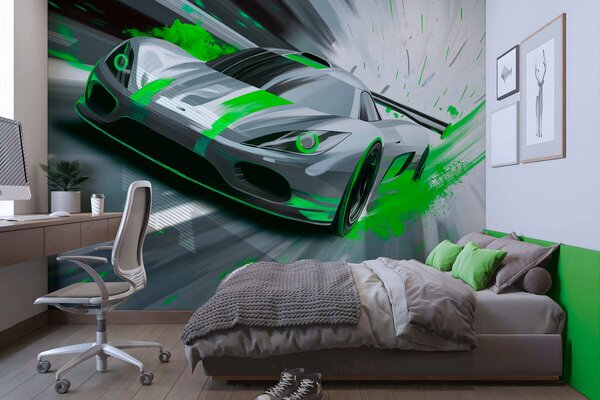 Tapet mașină sport dinamică în stil de desen digital cu accente verzi, Imagini de fundal unice, w05069v4 : Uwalls.ro