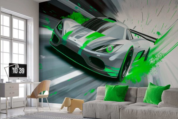 Tapet mașină sport dinamică în stil de desen digital cu accente verzi, Imagini de fundal unice, w05069v4 : Uwalls.ro