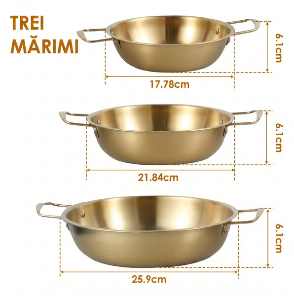 Set 3 oale japoneze din inox, aurii, cu două mânere, 18, 22 și 26 cm