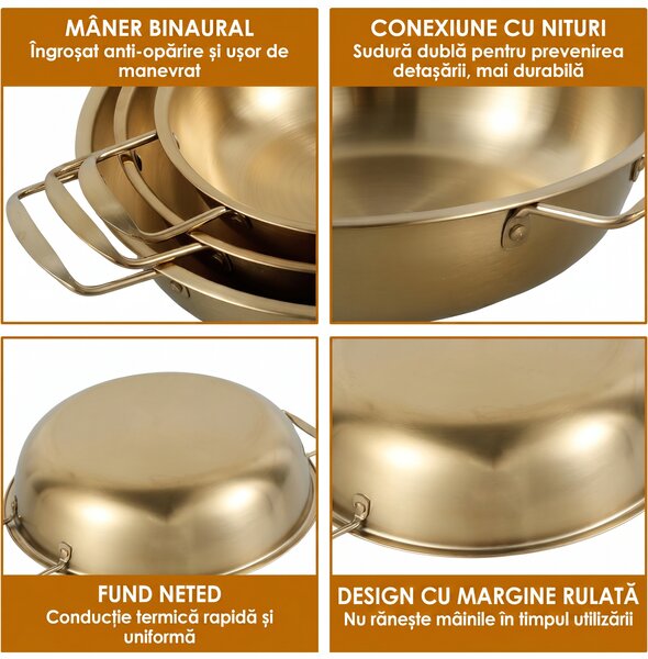 Set 3 oale japoneze din inox, aurii, cu două mânere, 18, 22 și 26 cm