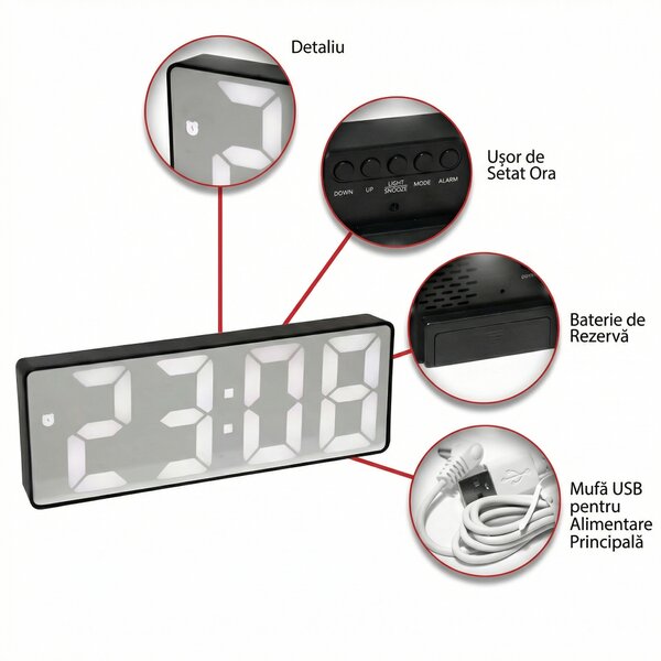 Ceas digital de birou cu oglindă, alarmă și afișaj LED mare, 16 cm