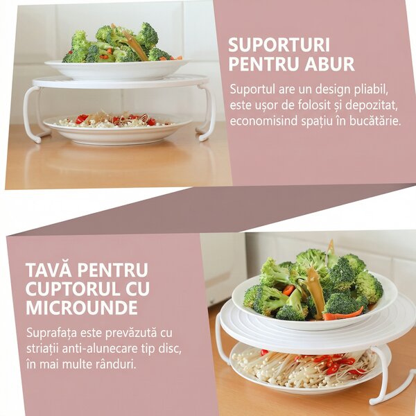 Raft rotund 3 în 1 pentru microunde, pliabil, cu mânere și picioare, alb