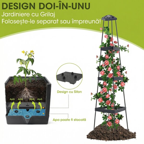 Jardinieră cu grilaj piramidal și rezervor de apă, 28x28x110 cm, antracit