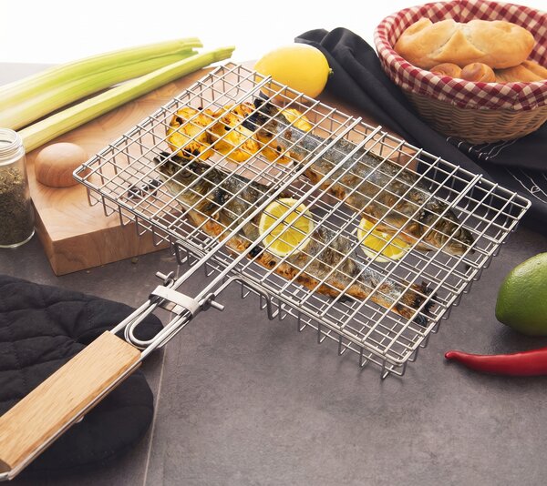 Grătar-coș din oțel inoxidabil pentru frigărui, pește și legume, cu mâner de lemn detașabil
