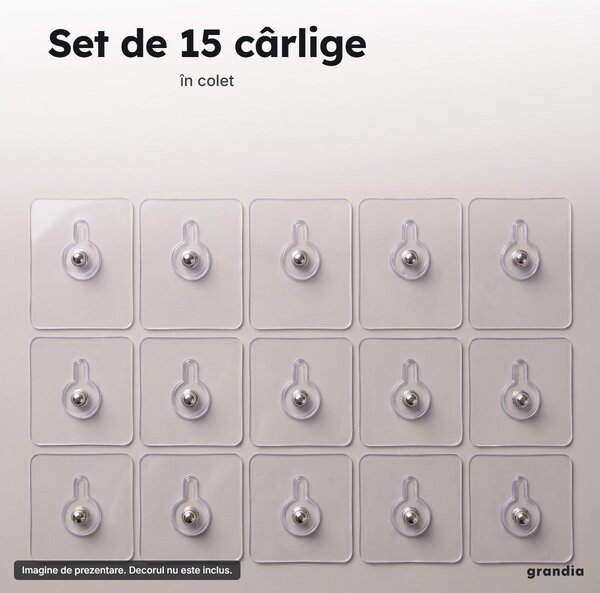 Set 15 cârlige autoadezive transparente, cu cui metalic, fără găurire