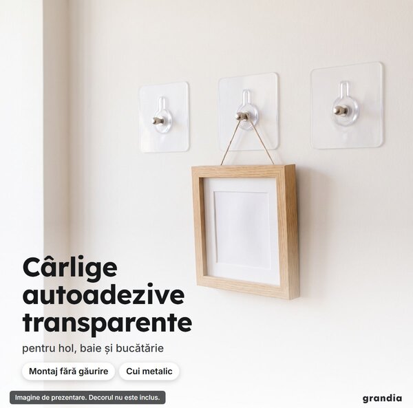 Set 15 cârlige autoadezive transparente, cu cui metalic, fără găurire