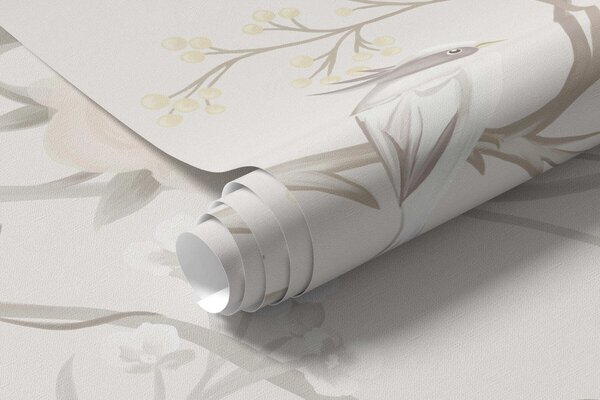 Tapet Flori delicate și păsări pe un fundal de cretă, Fototapet Flori, w05127 : Uwalls.ro