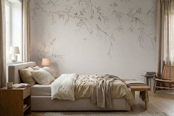 Tapet Flori delicate și păsări pe un fundal de cretă, Fototapet Flori, w05127 : Uwalls.ro