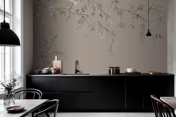 Tapet Ornament floral cu păsări pe fundal neutru, Fototapet Flori, w05127v3 : Uwalls.ro