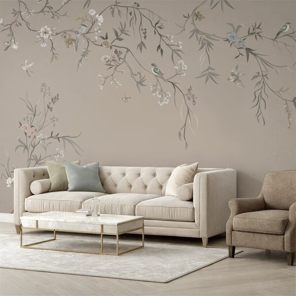 Tapet Ornament floral cu păsări pe fundal neutru, Fototapet Flori, w05127v3 : Uwalls.ro