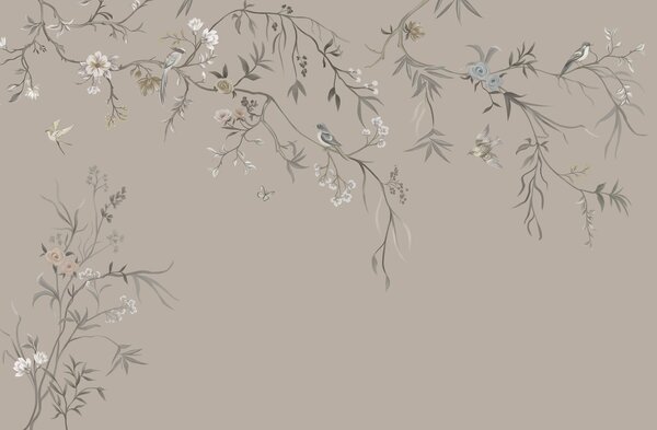 Tapet Ornament floral cu păsări pe fundal neutru, Fototapet Flori, w05127v3 : Uwalls.ro