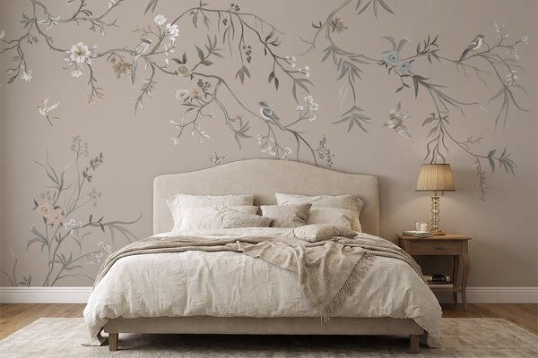 Tapet Ornament floral cu păsări pe fundal neutru, Fototapet Flori, w05127v3 : Uwalls.ro