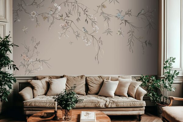 Tapet Ornament floral cu păsări pe fundal neutru, Fototapet Flori, w05127v3 : Uwalls.ro