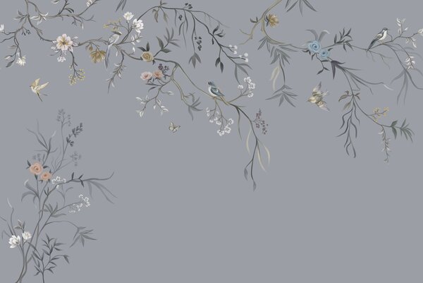 Tapet Ramuri florale cu păsări pe fundal verzui, Fototapet Flori, w05127v5 : Uwalls.ro