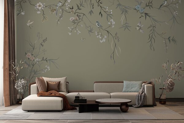 Tapet Motiv floral cu păsări pe fundal gri, Fototapet Flori, w05127v4 : Uwalls.ro