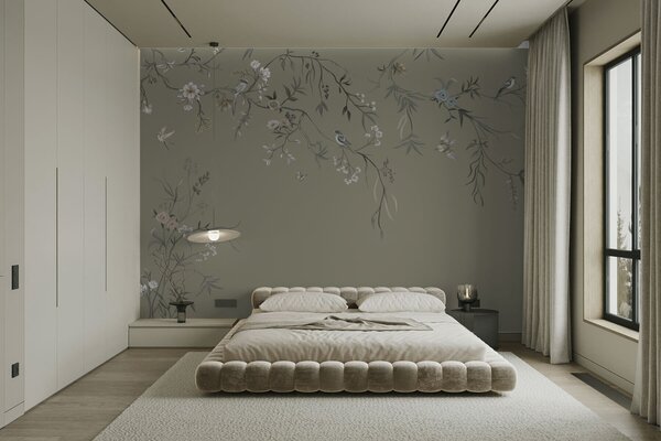 Tapet Motiv floral cu păsări pe fundal gri, Fototapet Flori, w05127v4 : Uwalls.ro