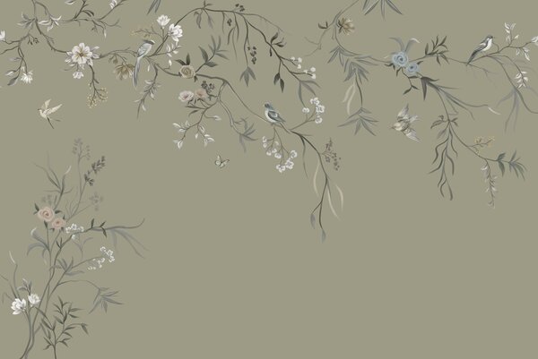 Tapet Motiv floral cu păsări pe fundal gri, Fototapet Flori, w05127v4 : Uwalls.ro