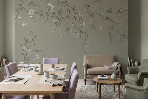 Tapet Motiv floral cu păsări pe fundal gri, Fototapet Flori, w05127v4 : Uwalls.ro