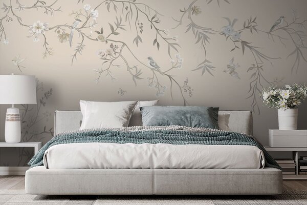 Tapet Ramuri florale cu păsări pe un fundal deschis, Fototapet Flori, w05127v7 : Uwalls.ro