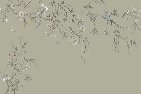 Tapet Model floral cu păsări pe fundal rece, Fototapet Flori, w05127v6 : Uwalls.ro