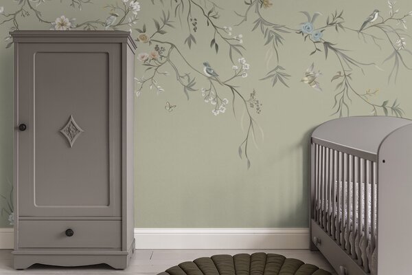 Tapet Model floral cu păsări pe fundal rece, Fototapet Flori, w05127v6 : Uwalls.ro