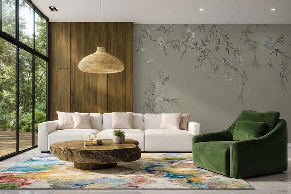 Tapet Model floral cu păsări pe fundal rece, Fototapet Flori, w05127v6 : Uwalls.ro