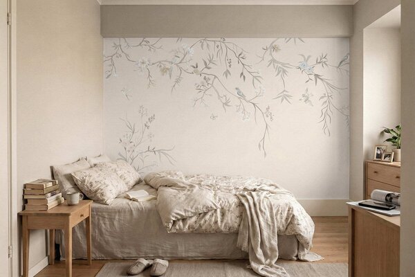 Tapet Ramuri florale cu păsări pe un fundal deschis, Fototapet Flori, w05127v7 : Uwalls.ro
