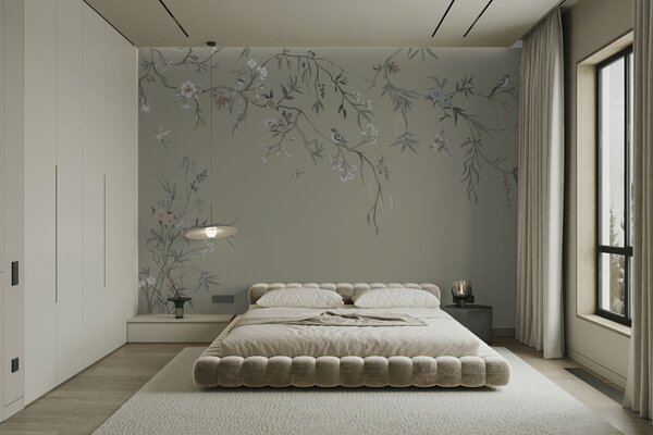 Tapet Model floral cu păsări pe fundal rece, Fototapet Flori, w05127v6 : Uwalls.ro